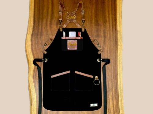 Black Apron, Personalized Handmade, Cross-Back, Genuine Leather Straps,USA Made - Zdjęcie 1 z 5