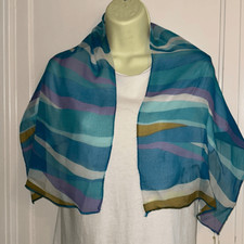 Vtg mid century semi sheer chiffon turquoise, aqua blue, purple  white scarf