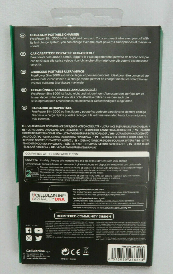 CARICABATTERIA Rapida POWER BANK Originale CELLULARLINE FREEPOWER SLIM 3000 mAh - Immagine 2 di 4