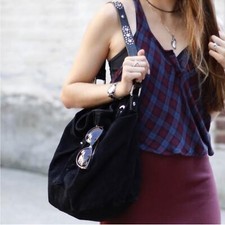 Tylie Malibu Black Suede Bucket Drawstring Embellished Strap Bag