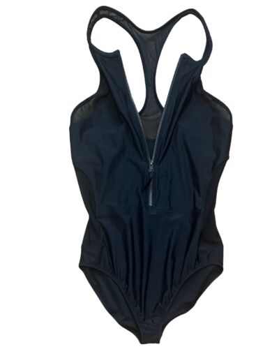 Speedo Damen Einteiler Badeanzug schwarz Reißverschluss hoch geschnitten Mesh Top & Seiten Gr. XL