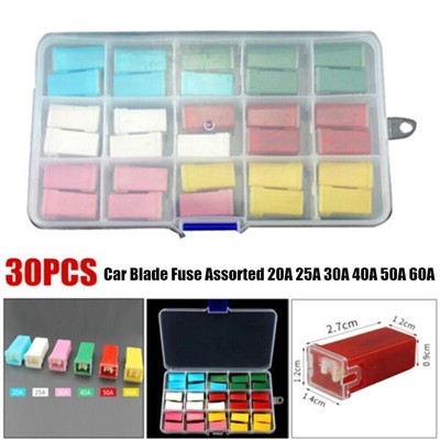 30×Car Auto Blade Fuse Assortment Box 20A 25A 30A 40A 50A 60A 32V Copper+ABS