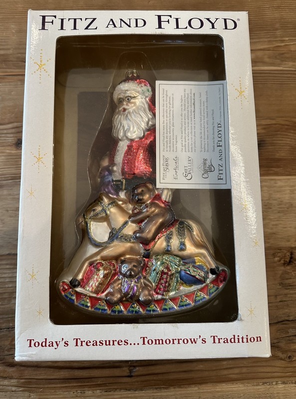 Fitz floyd Large Santa rocking horse bear glass ornament Christmas holiday tree 