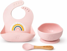 Baby Silicone Bib and Suction Bowl Set Baby Led Weaning Feeding Set with Adjus