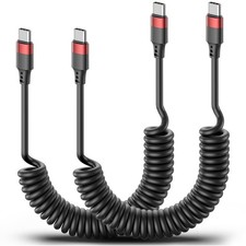Coiled USB C to USB C Cable, 2 Pack Retractable Type C Carplay Cord, Coiled USBC