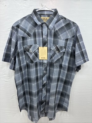 New Men s ELY Cattleman Gray Blue Plaid Long Sleeve Pearl Snap Large Q-54