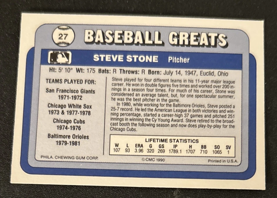 1990 年 Swell 棒球伟人史蒂夫·斯通卡 #27 巨人队白色袜队金莺队状况极佳 — 第 2/2 张图片