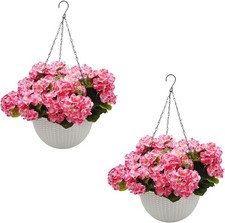 GARVEE Hanging Flower Basket Set 2pcs Lifelike Red Geraniums Weather-Resistant