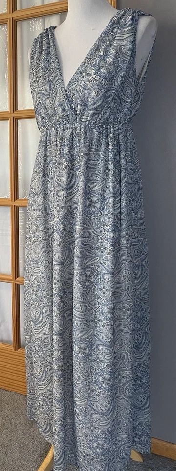 Maxi Vestido H&M Floral Cachemira Talla 8 Azul Gasa Cuello en V Boho Cottagecore Playa Foto 3 de 4