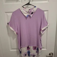 ELLE Size XXL Light Purple Floral Preppy Knit Cuffed Collared Top