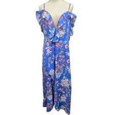 YOINS Blue Floral Print Cold Shoulder Ruffle Maxi Boho Dress Womens Size XL