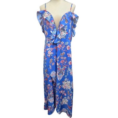 YOINS Blue Floral Print Cold Shoulder Ruffle Maxi Boho Dress Womens Size XL