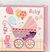 Carte Naissance Baby Girl landau ballons relief confetti  15 x 15 cm environ
