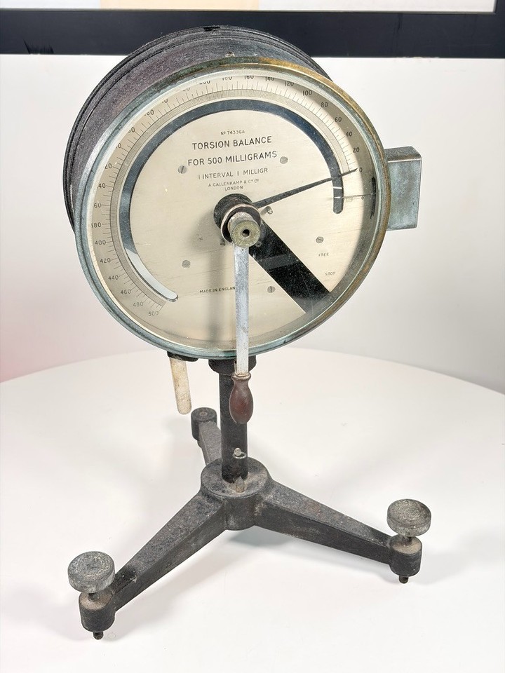 A real Gallenkamp torsion balance — the kind of brass-and-glass precision instrument that looks like it belongs in a Victorian mad scientist's lab.