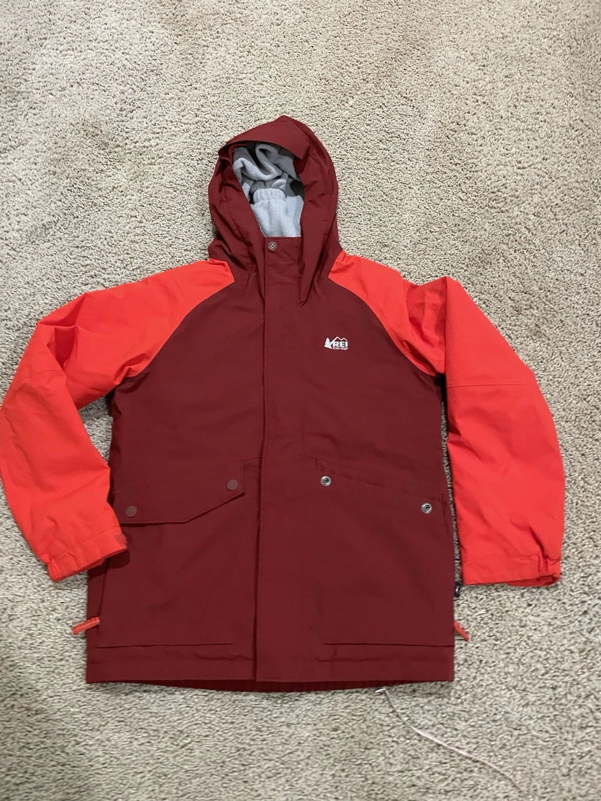 Kids REI Co Op Fleece lined insulated Hooded Jacket Red Burgundy Size 10-12