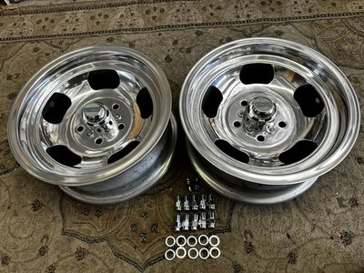 2 VINTAGE FENTON GYRO RACING SLOT MAG WHEELS 15x7 CHEVY 4 3/4'' METAL CAPS TOO