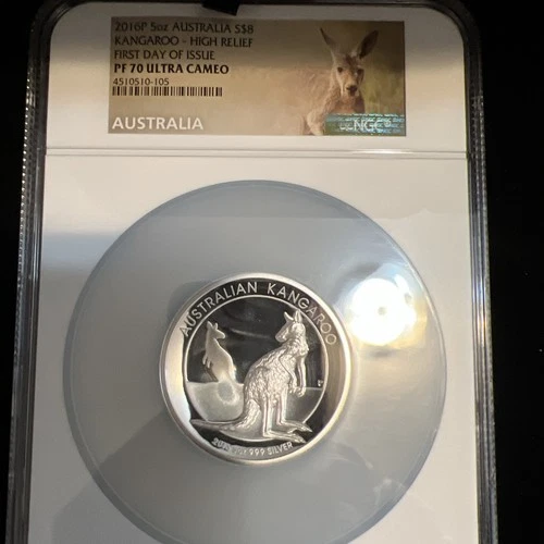 2016-P  & 2015SILVER AUSTRALIA $8 KANGAROO 5 OZ HIGH RELIEF COIN NGC PF 70 UCAM