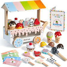 Wooden Ice Cream Cart Toy Playset with Ice Cream Toys Pretend Play Food Truck Pl