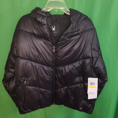 B974) NWT SPYDER medium women's black puffer jacket coat zip up hoodie