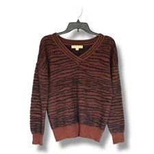 Love Stitch Fuzzy Zebra Print V Neck Sweater Brown Black Size Small Comfy Soft