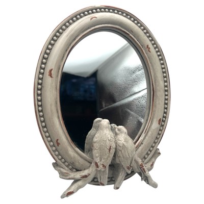 Oval Freestanding Song Bird Mirror Resin Frame Dresser Top Vanity 9.5  Gray