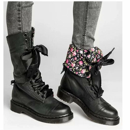 Women Retro Mid Calf Boots Lace Up Biker Punk Military Combat Ankle Bootie Shoes - Bild 1 von 13