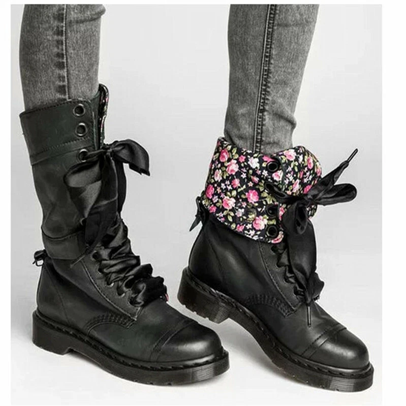 Women Retro Mid Calf Boots Lace Up Biker Punk Military Combat Ankle Bootie Shoes