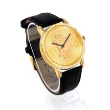 Men's Iced BITCOIN Dial Hip Hop Gold PT Leather Band Fashion Urban Style Watch