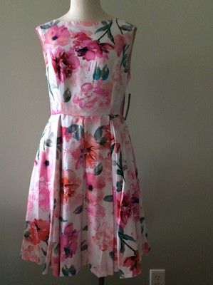 Robe Sans Manches Donna Morgan Taille 8 - Imprimé Floral Rose Bleu, Plissé Doublé