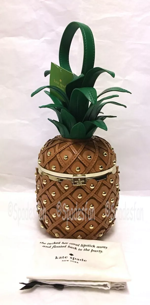 Kate Spade PXRU8938 By The Pool Leather 3D Pineapple Bag Clutch WOOD Brown NWT