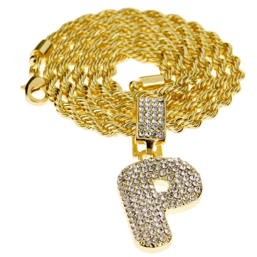 Bubble Letter P Initial Pendant Gold Plated Simulated CZ Rope