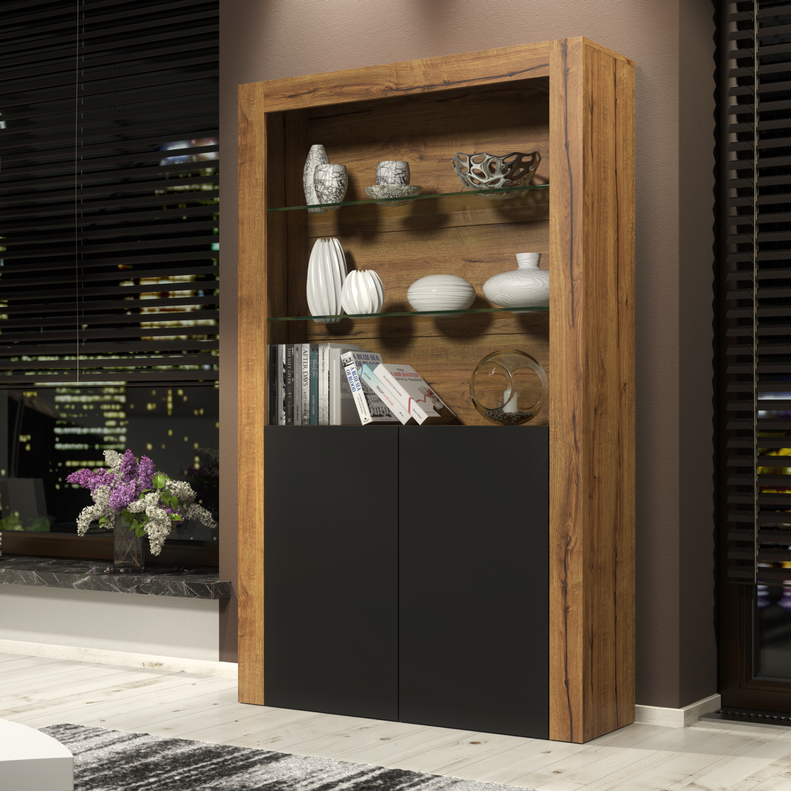 Display Cabinet Bookshelf Cabinet Glass  Black Matt Oak Storage Unit 170cm