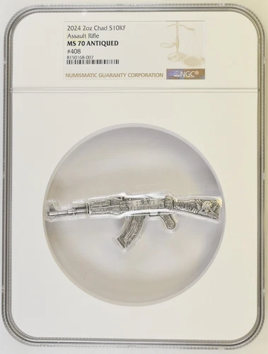 2 Oz Silver Coin 2024 Chad Assault Rifle NGC MS 70 Antiqued High Relief #408