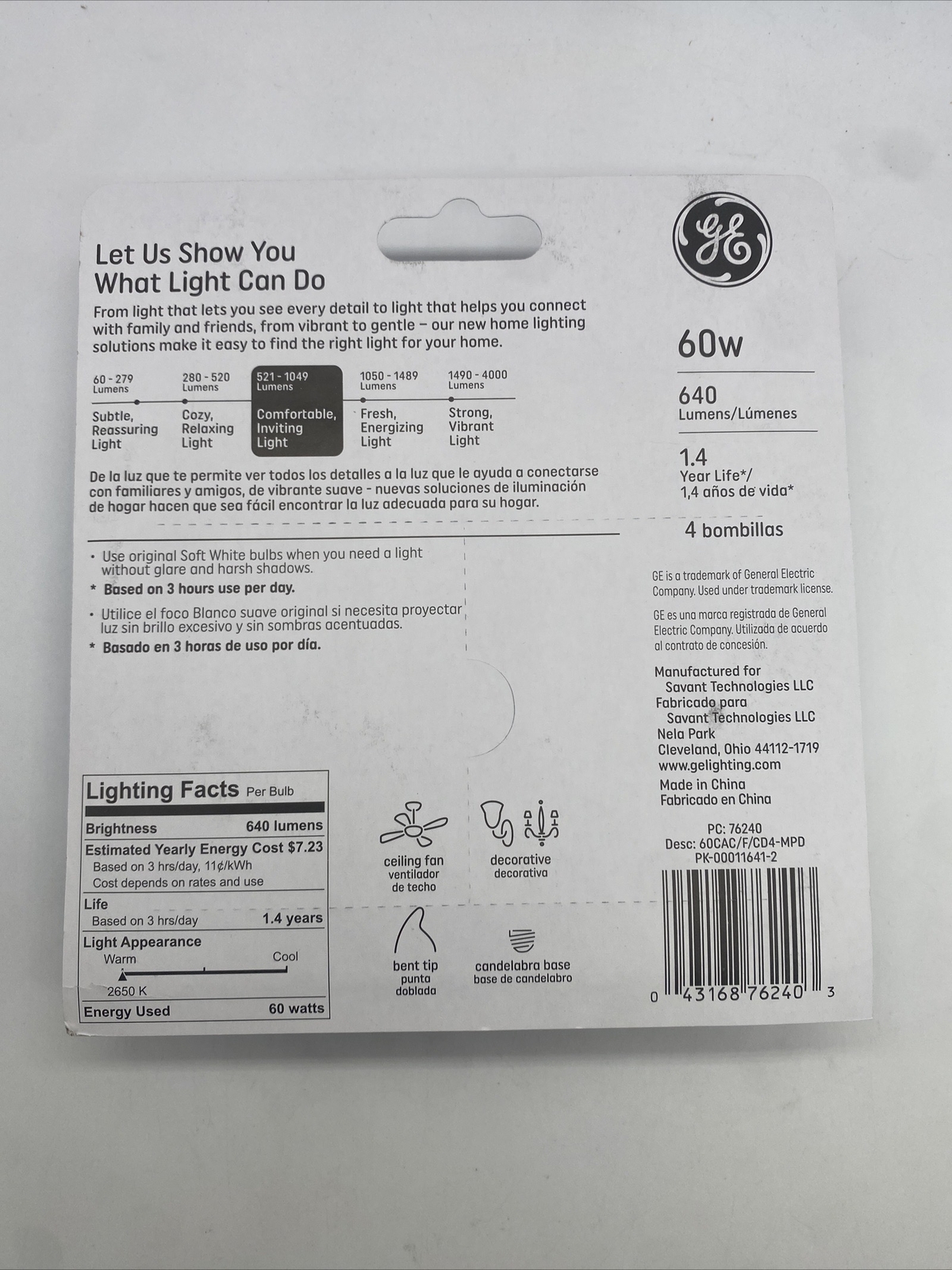 GE 76240 decorative bent tip 60 watt soft white 4 pack
