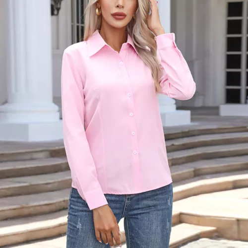 Damen Button Down Shirt Top Bluse Langarm Kragen Einfarbig Büro Arbeit Kleid - Bild 17 von 29