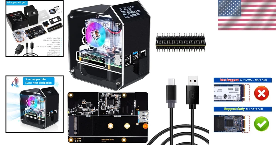 Mini Tower NAS Kit for Raspberry Pi 4: RGB Fan, SSD Expansion & QC Power Supply - Image 2 of 4