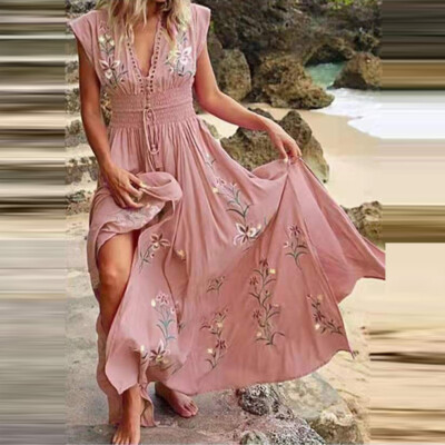 tt beach dress Ladies V Neck Summer Holiday Long Sundress Womens Boho Floral Waist Size:50