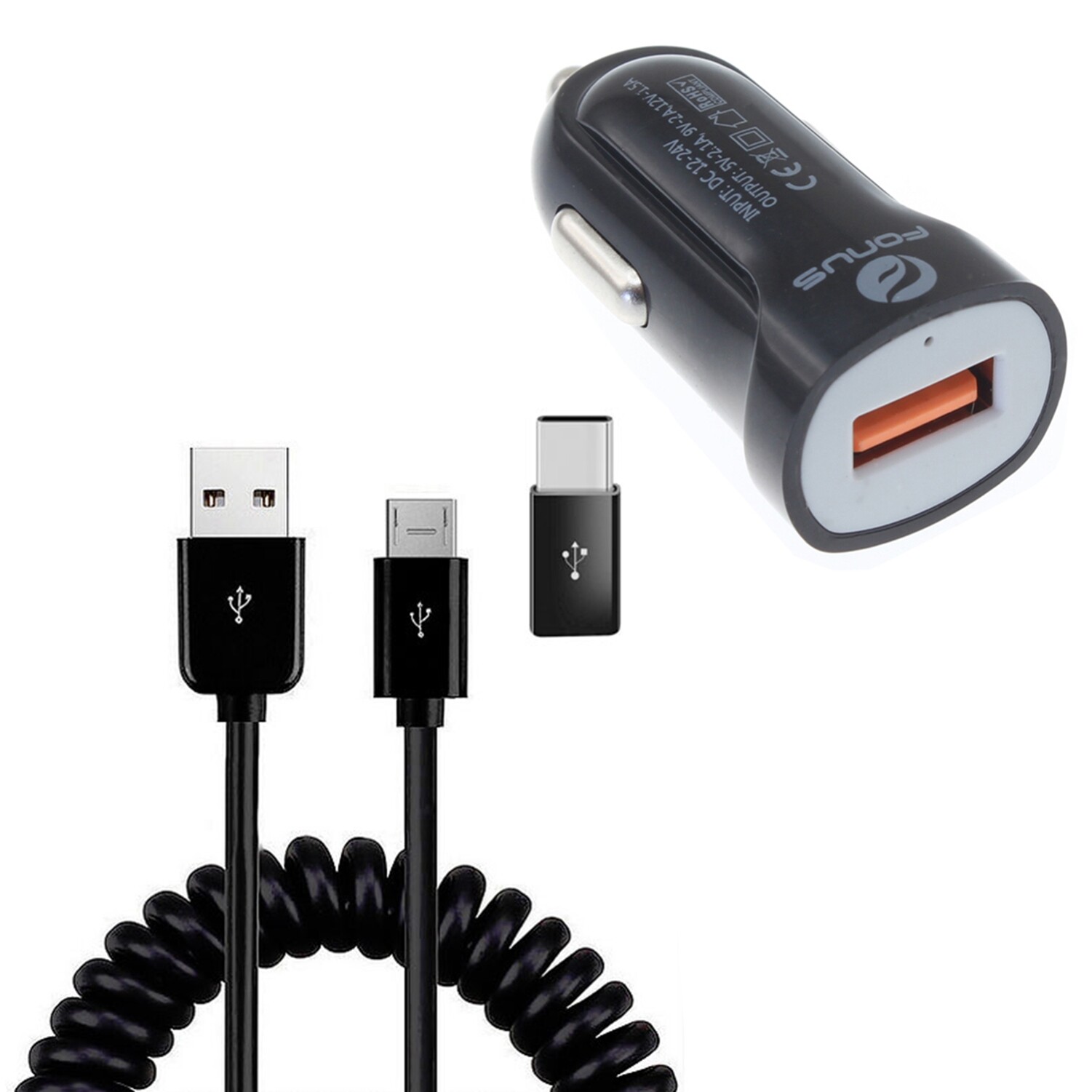 Google Pixel 9/Pro/XL 24W Fast Car Charger with Coiled USB to Micro-USB Cable