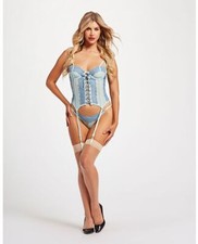 Lace Mesh Bustier w/Lace Up Center, Garter Belt Thong Blue