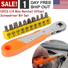Ratcheting Right Angle Screwdriver Hex Drive 90 Degree Offset  10pc Bits Set 