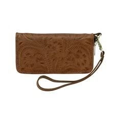 American West Womens Hand Tooled Medium Brown Leather Zip Around Wallet OS