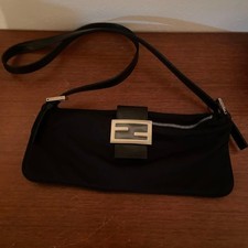 Borsa a tracolla FENDI Mamma Baguette nera cotone jersey pelle logo FF vintage
