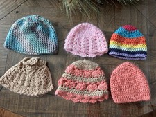 Baby Girls Lot 6 Crochet Knit Beanie Hat Pink Blue Rainbow Handmade Warm READ