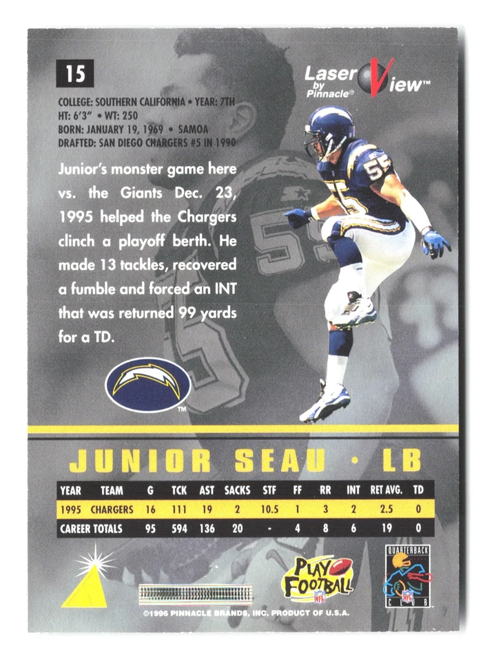 1996 Pinnacle Laser View #15 Junior Seau - Image 2 of 2