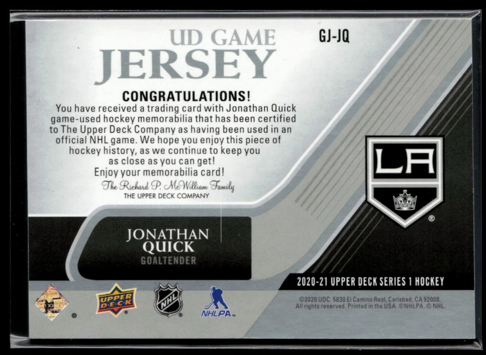 2020-21 Upper Deck Game Jersey #GJ-JQ Jonathan Quick - Image 2 of 2