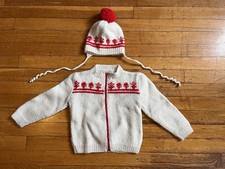 VINTAGE Hand Knit Tree Cardigan Sweater Winter Hat Set Boy  s 12 Months White