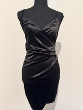 Black Satin Sleeveless Strappy V-Neck Bodycon Mini Dress Women's Regular