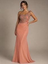 Faviana Couture Peach Coral One-Shoulder Ruched Silver Beaded Evening Gown 8 EUC