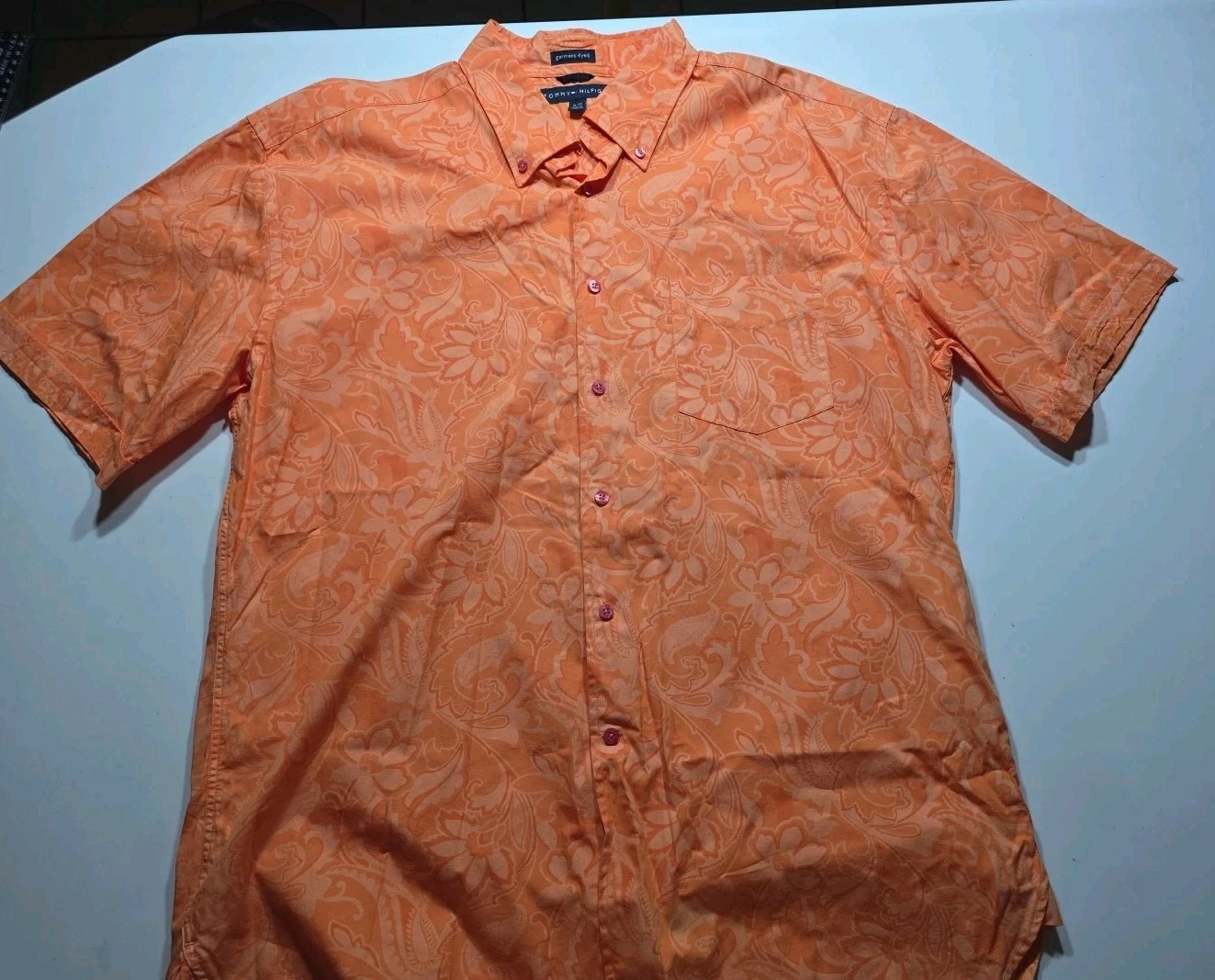 Tommy Hilfiger Shirt Mens Y2K XL Orange Button Up Hawaiian Short Sleeves