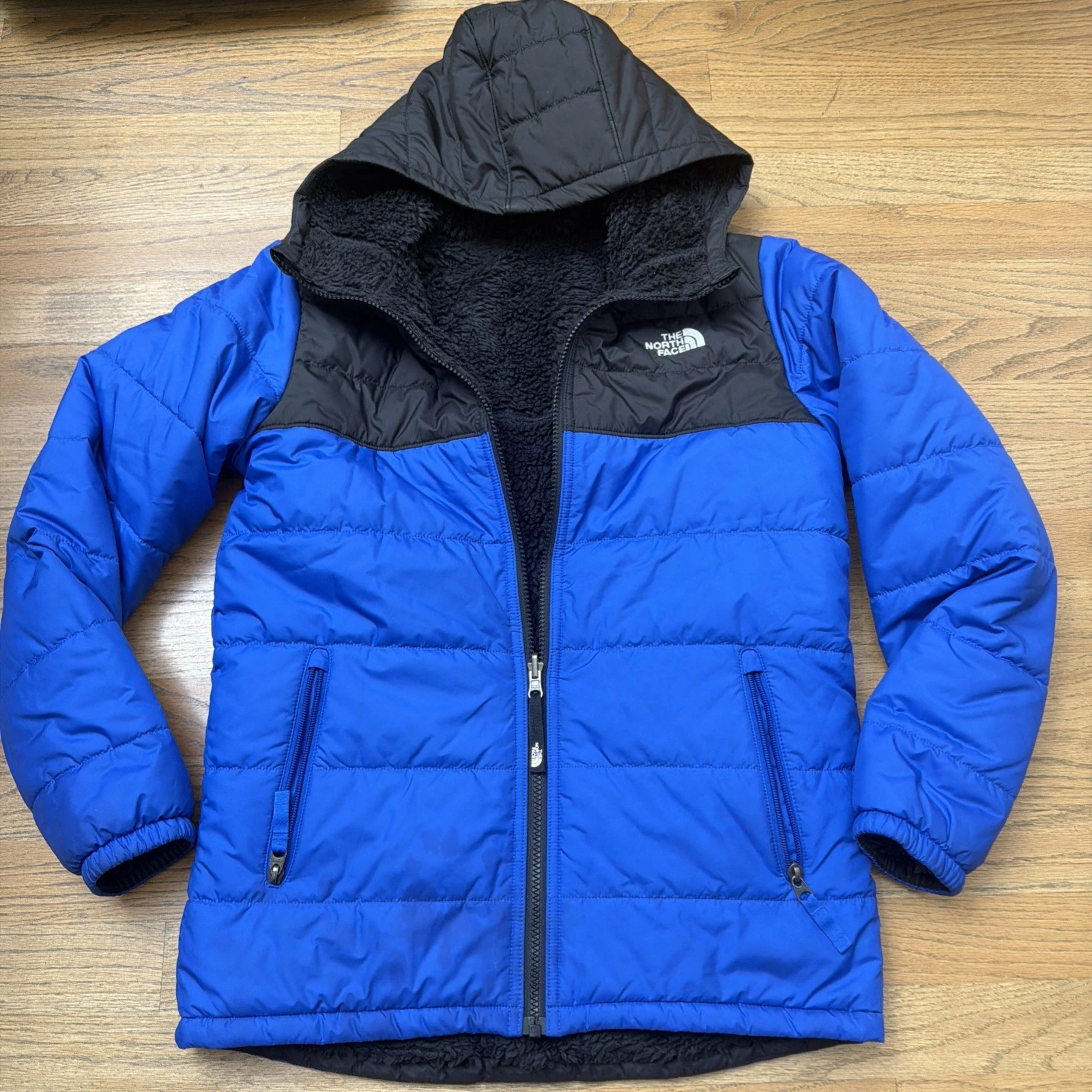The North Face Reversible Puffer Jacket Youth Boy's LARGE - Blue w/ Hood
